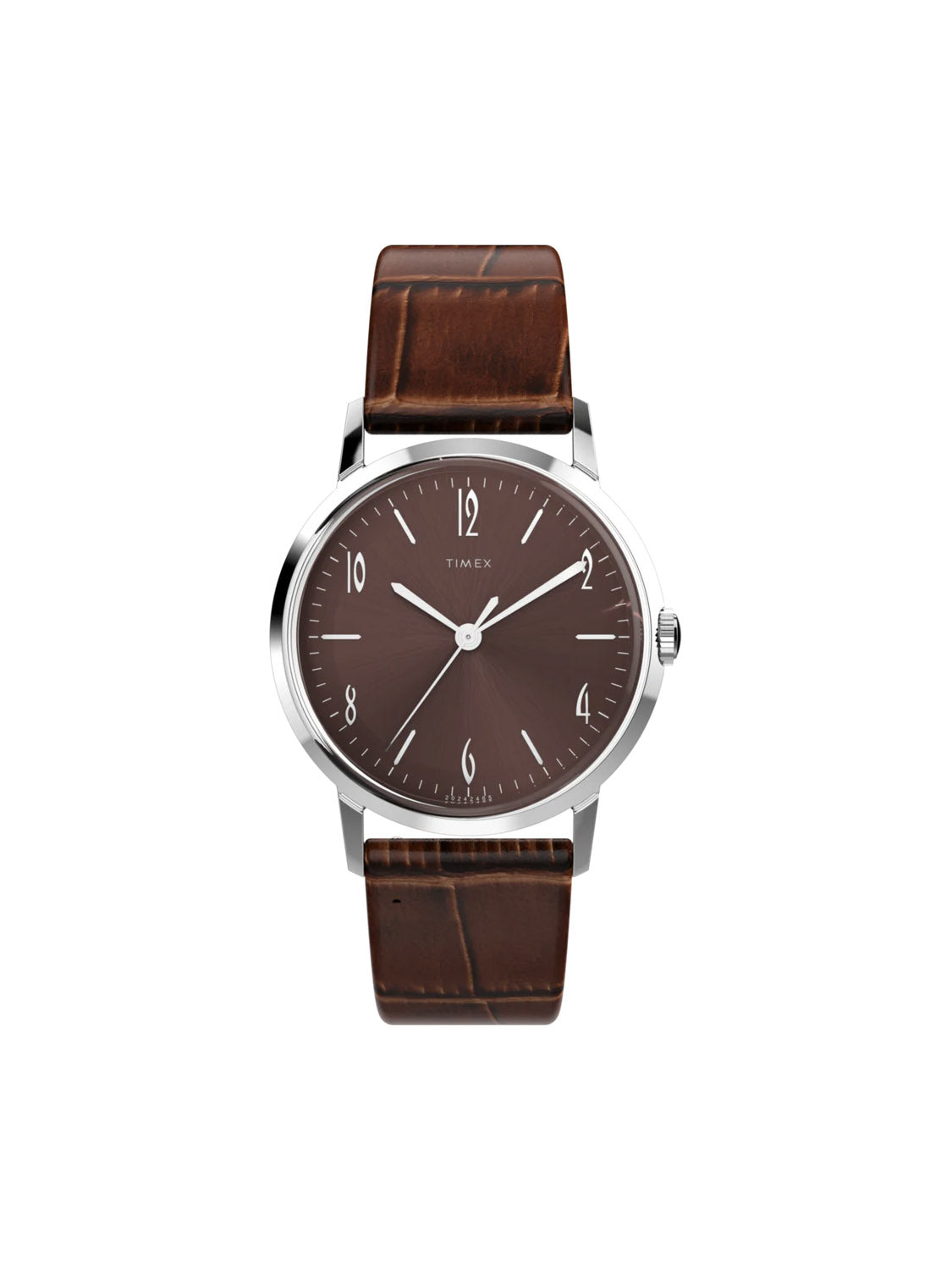 The Timex Marlin® Hand-Wound 34mm Leather Strap Watch features an eco-friendly leather strap, a round silver case, and a chocolate brown dial with minimalist white markers and numerals. Timex appears on the face against a plain white background.