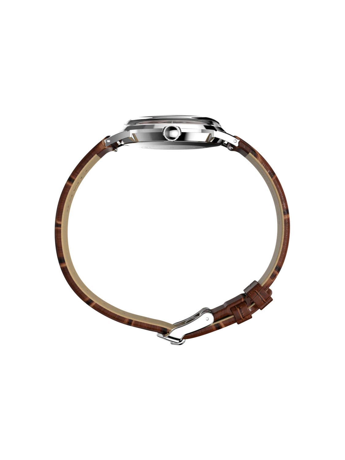 Side view of the Timex Marlin® Hand-Wound 34mm Leather Strap Watch with a round silver case and eco-friendly leather strap, unfastened to show the buckle and side profile, against a plain white background.