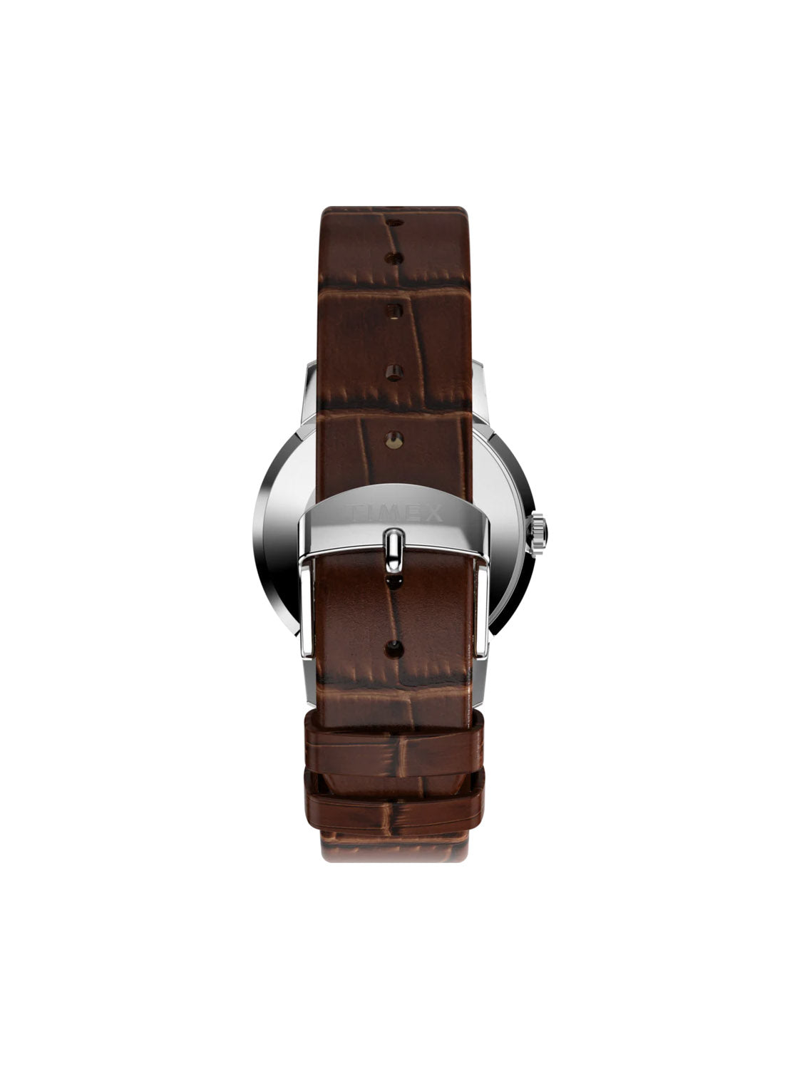 The Timex Marlin® Hand-Wound 34mm features a brown eco-friendly crocodile-pattern leather strap with a silver buckle, shown vertically with the case and mechanical movement partly visible from the back.