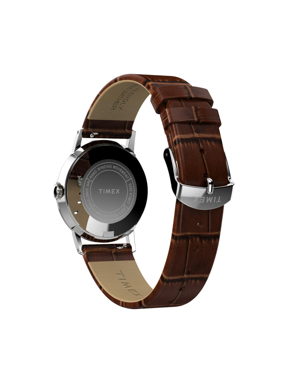 A close-up of the Timex Marlin® Hand-Wound 34mm Leather Strap Watch highlights its eco-friendly leather strap, silver buckle, engraved branding on the case back, and Timex logo on both metal and strap.