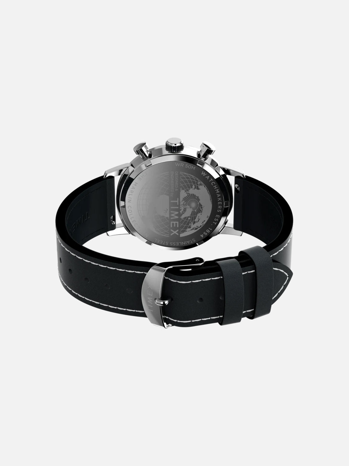 The Timex Marlin® Chronograph Tachymeter wristwatch is shown from the back, featuring a black leather strap with white stitching, engraved stainless steel case, and dual pushers—ideal for lovers of classic tachymeter designs.