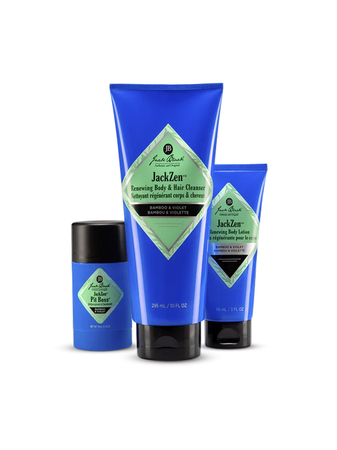 Three Jack Black The JackZen™ Collection products in blue containers with green labels are displayed on a white background, featuring a cleanser, body lotion, and antiperspirant deodorant.