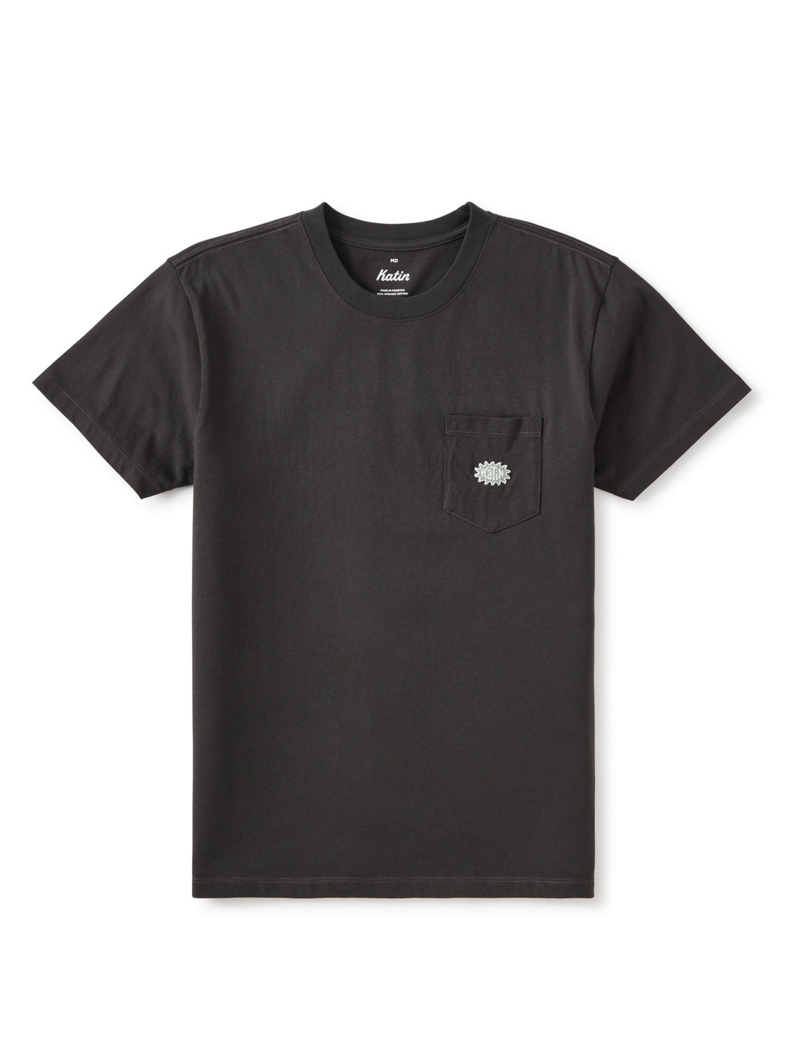 The Katin Amoeba Pocket Tee by Katin is a plain black organic cotton shirt featuring a small left chest pocket with custom white geometric typography.