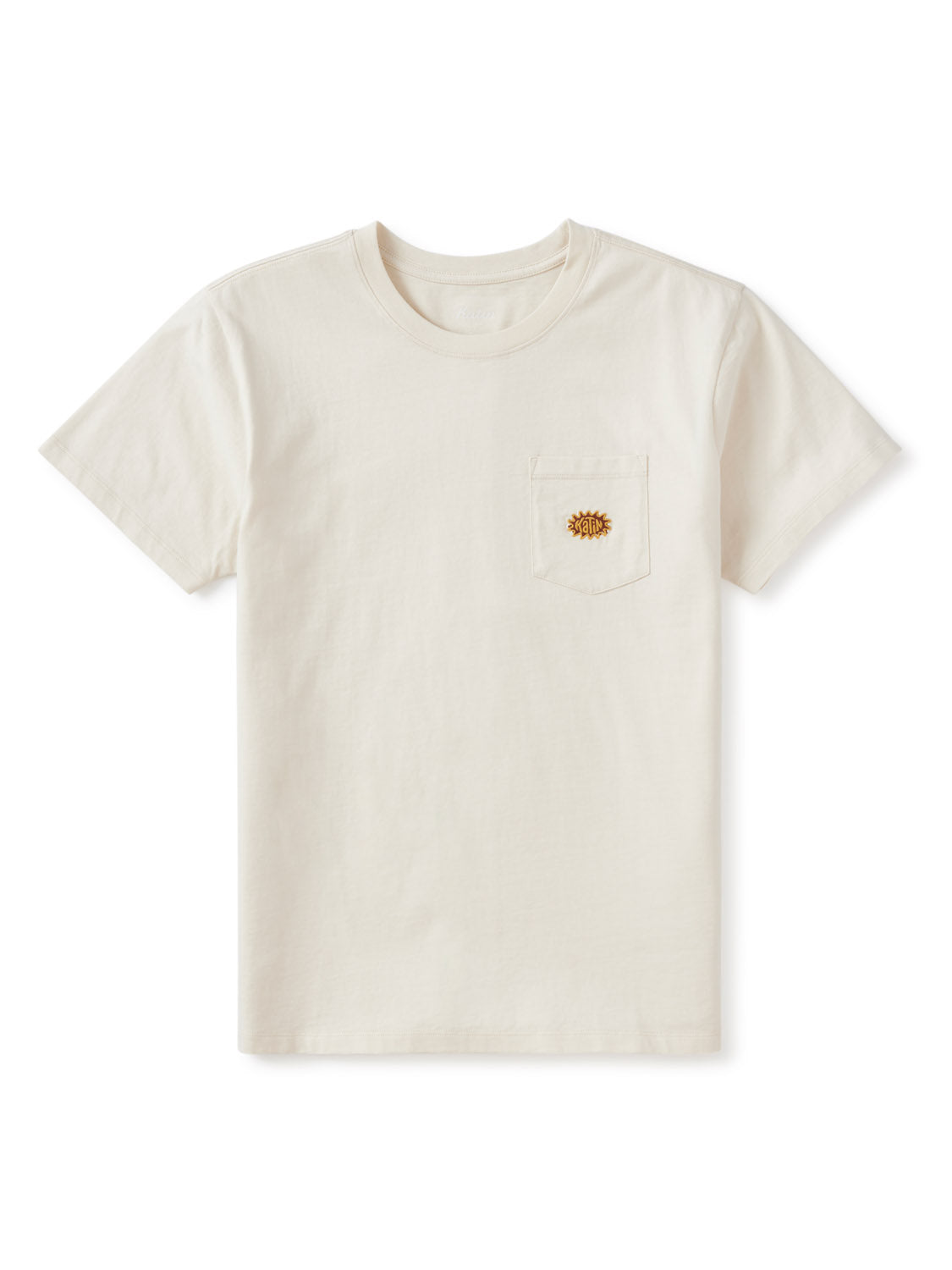 The Katin Amoeba Pocket Tee by Katin is an off-white organic cotton short-sleeve t-shirt with a left chest pocket, featuring a small gold and brown embroidered design on the pocket.