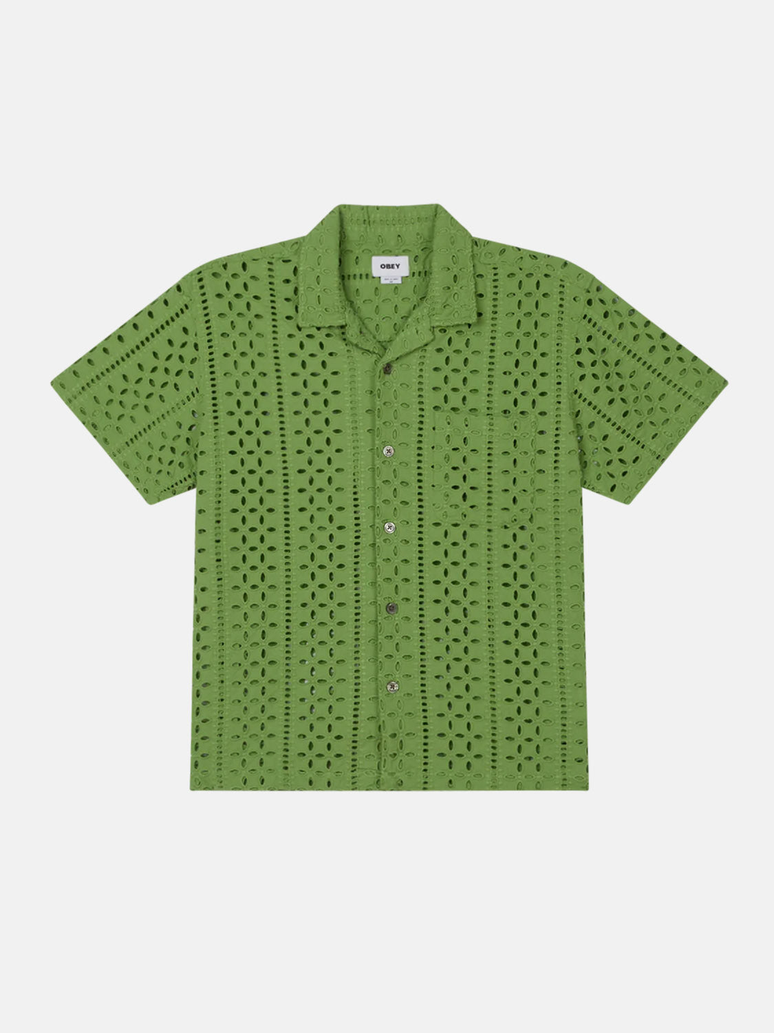 The Obey Ayers Woven Shirt by Obey is a relaxed-fit green short-sleeve button-up in cotton, featuring an embroidered eyelet floral pattern and a chest pocket, shown on a white background.