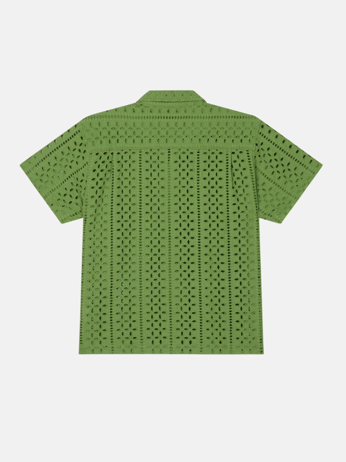 The Obey Ayers Woven Shirt is a relaxed-fit, green short-sleeve shirt featuring a crocheted pattern with floral and geometric designs. Its semi-transparent fabric offers a breezy feel due to the open crochet work.