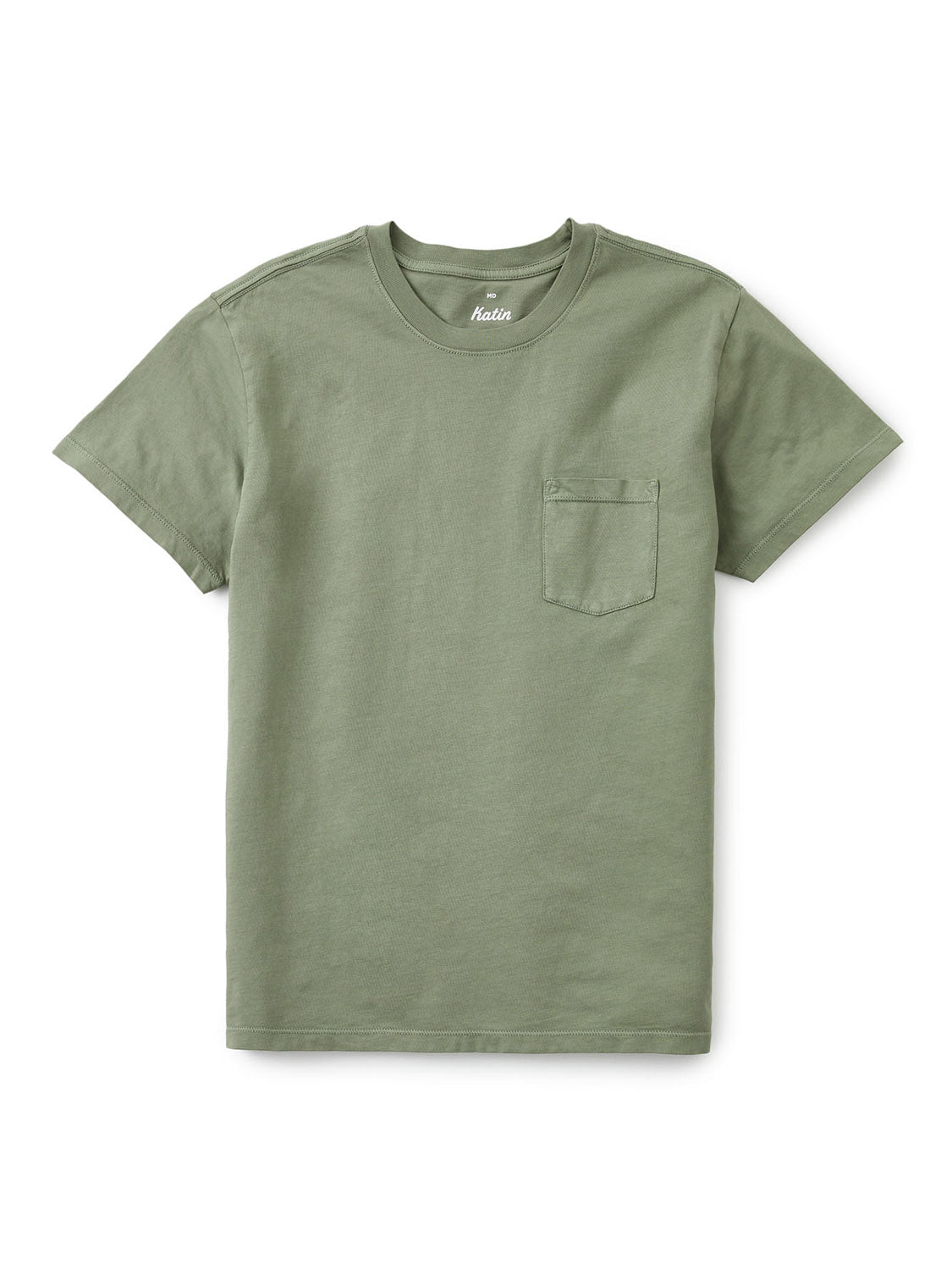 The Katin Base Tee, by Katin, is displayed flat against a white background. Its a plain olive green pocket tee crafted from organic cotton and includes a chest pocket.