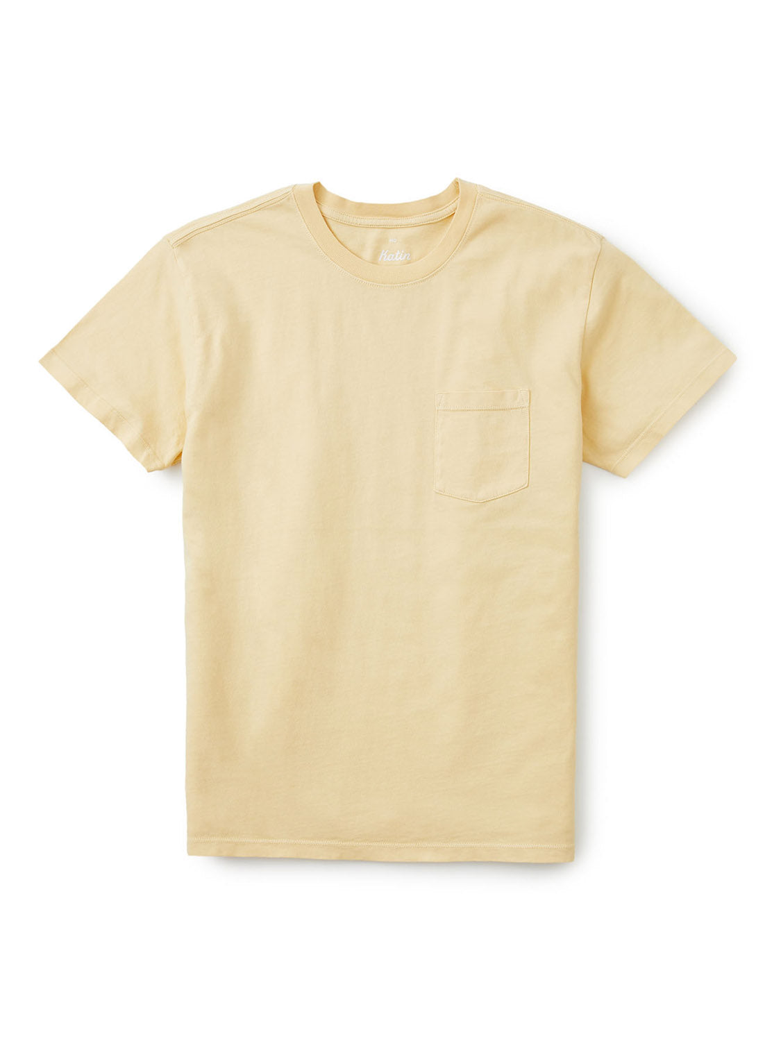 The Katin Base Tee is a simple yellow pocket T-shirt made from organic cotton, featuring a round neckline and a small left-side chest pocket, elegantly displayed against a white background.