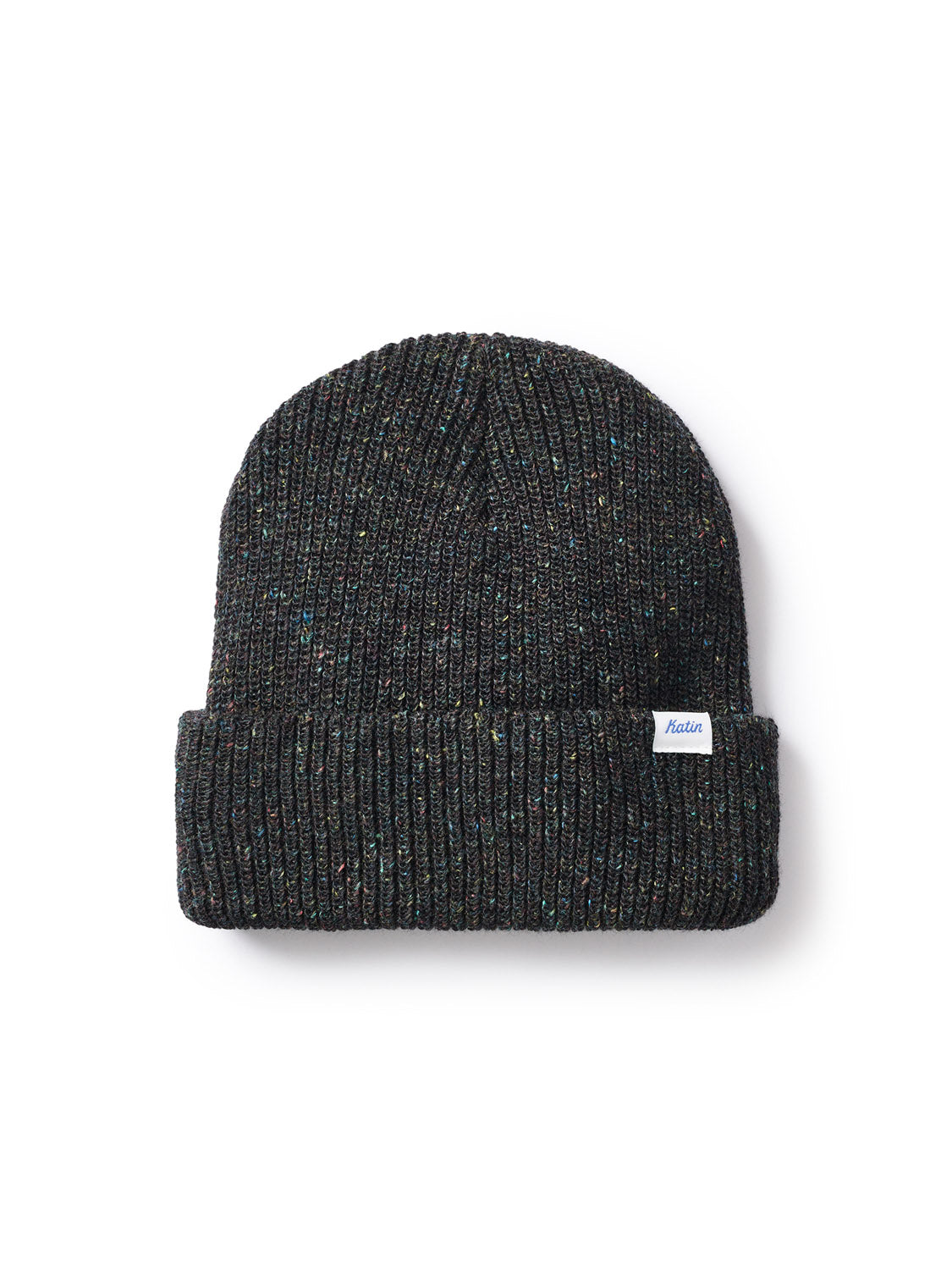The Katin Basic Beanie is a dark gray, ribbed knit hat featuring a folded cuff and a small white tag, shown on a white background.