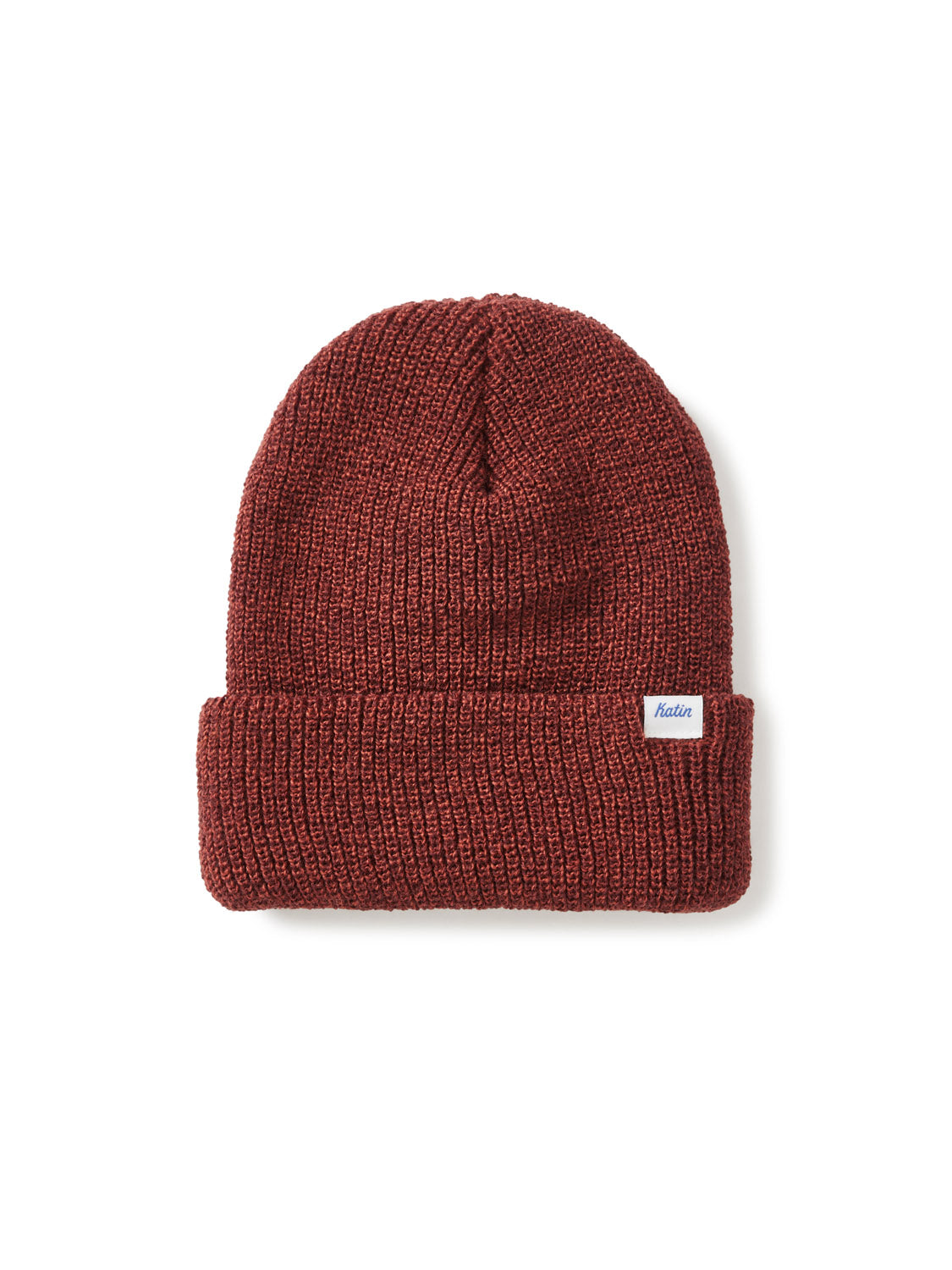The Katin Basic Beanie is a deep red, knitted cuff beanie with a folded brim and a small white rectangular label on the front, shown against a plain white background.