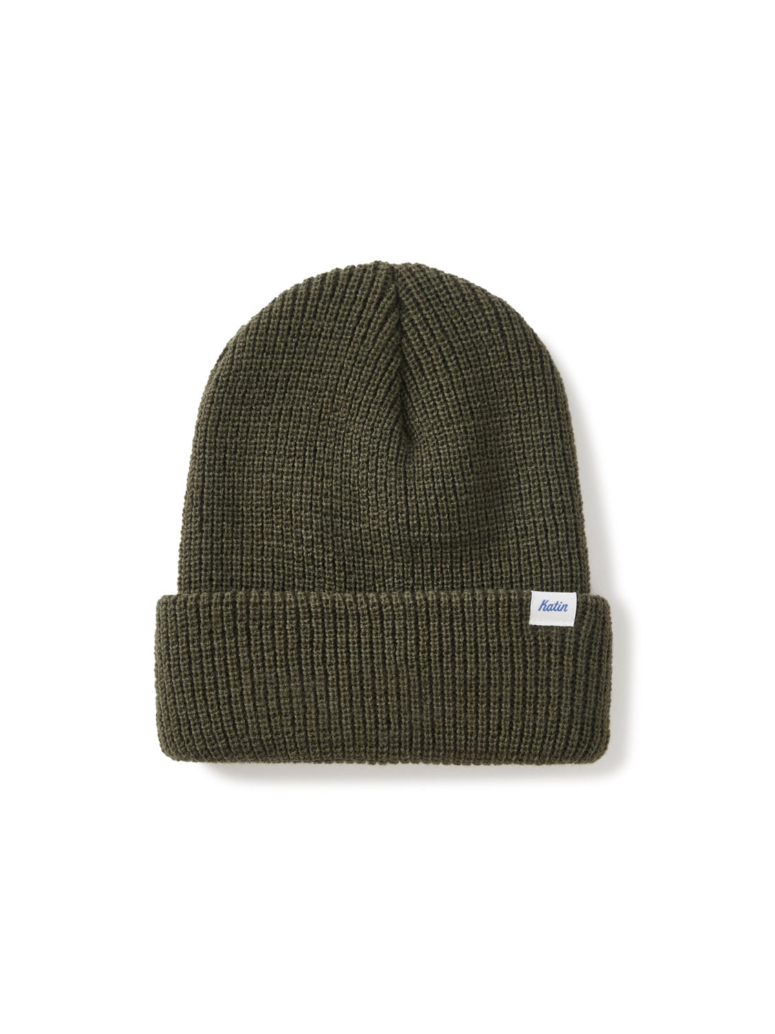 The Katin Basic Beanie is a dark green ribbed knit cuff beanie with a folded cuff and a small white rectangular tag, laid flat on a white background for a classic watch cap look.