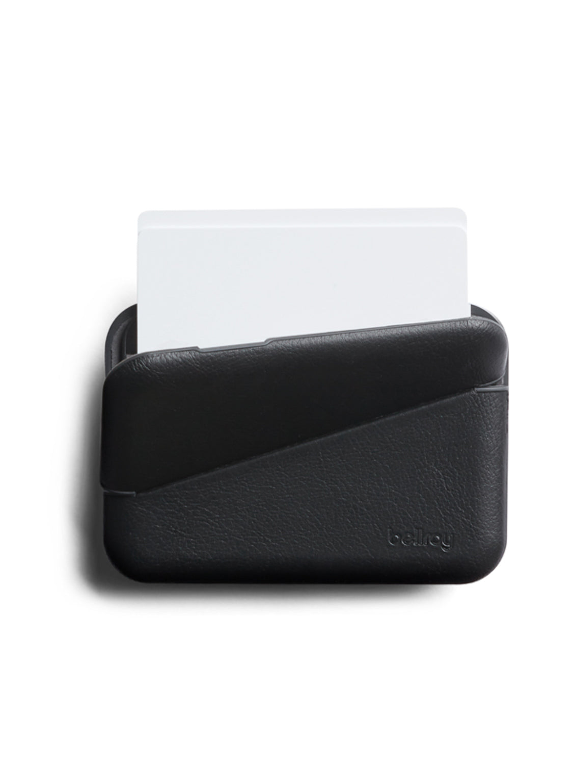 A black eco-tanned leather Flip Case Wallet by Bellroy features a diagonal opening and holds two white cards. The brand name is embossed on the lower right corner of the holder.