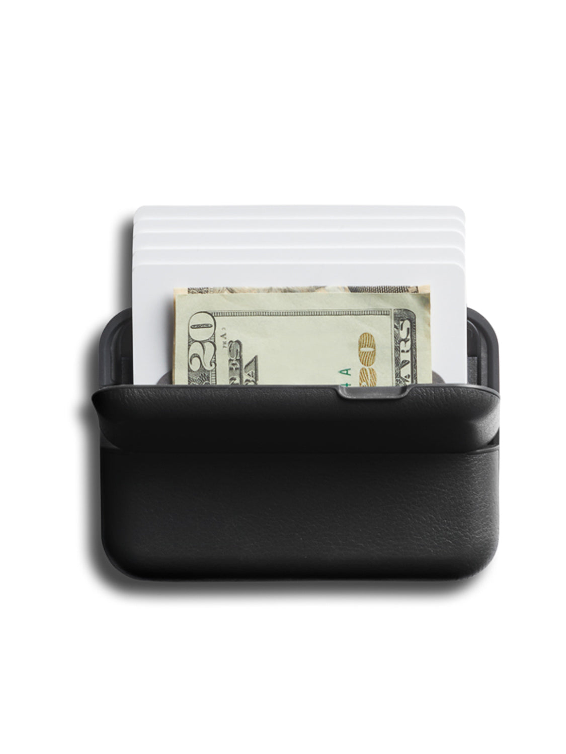 The Bellroy Flip Case Wallet, crafted from black eco-tanned leather, holds several white cards and a folded twenty-dollar bill, displayed on a white background.