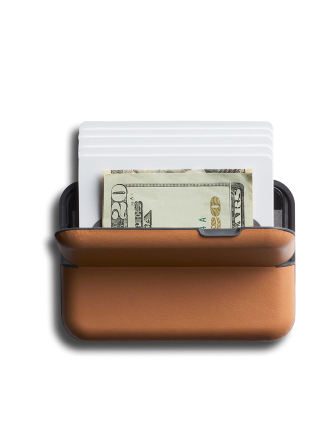 The Bellroy Flip Case Wallet is a minimalist, double-sided wallet made from eco-tanned leather, shown on a white background holding several white cards and a folded twenty-dollar bill.