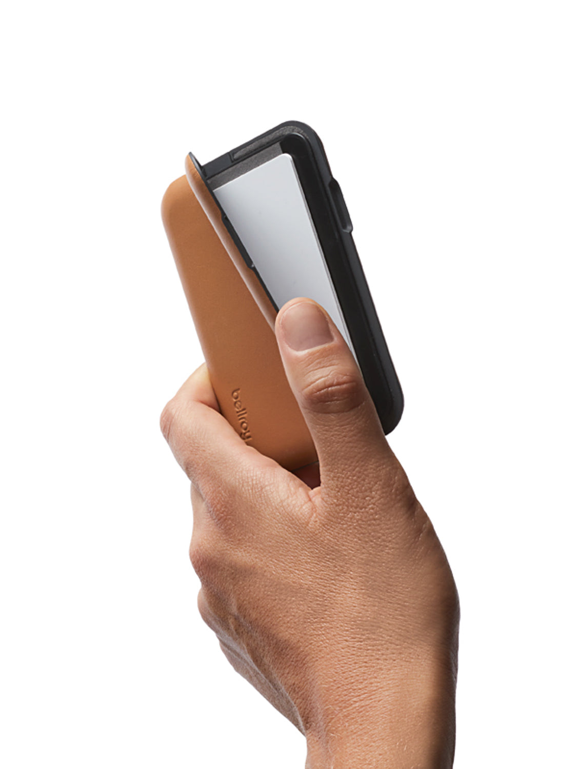 A hand holds a Bellroy Flip Case Wallet attached to the back of a smartphone, sliding a card out against a white background.