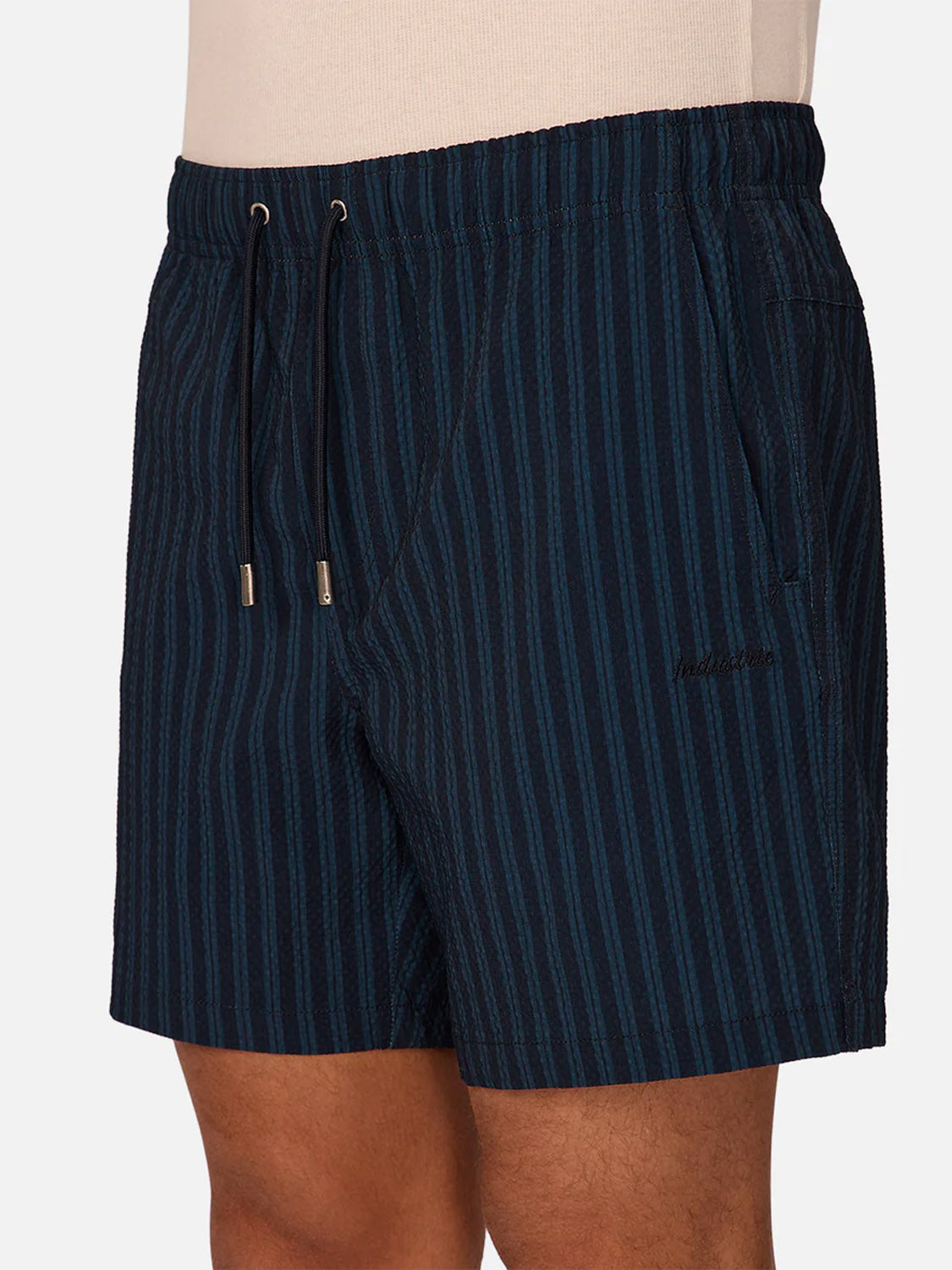 A person wearing Industrie’s Berkeley Swim Short in dark blue and black vertical stripes, featuring an elastic waistband, black drawstrings, and side pockets. Only the lower torso and thighs are shown against a plain background.