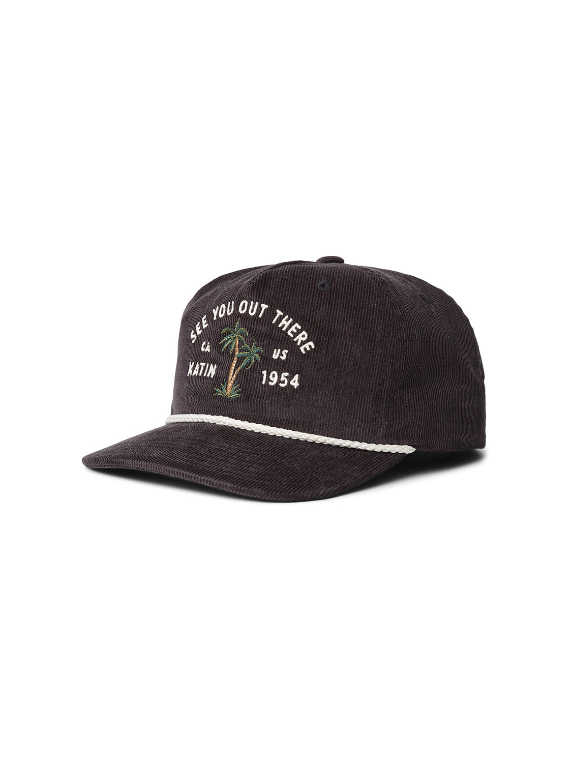 The Katin Bermuda Hat, a brown cotton corduroy 5-panel cap, features SEE YOU OUT THERE KATIN 1954 embroidery, a palm tree design, and a white braided band above its curved brim, showcasing Katins quality headwear.