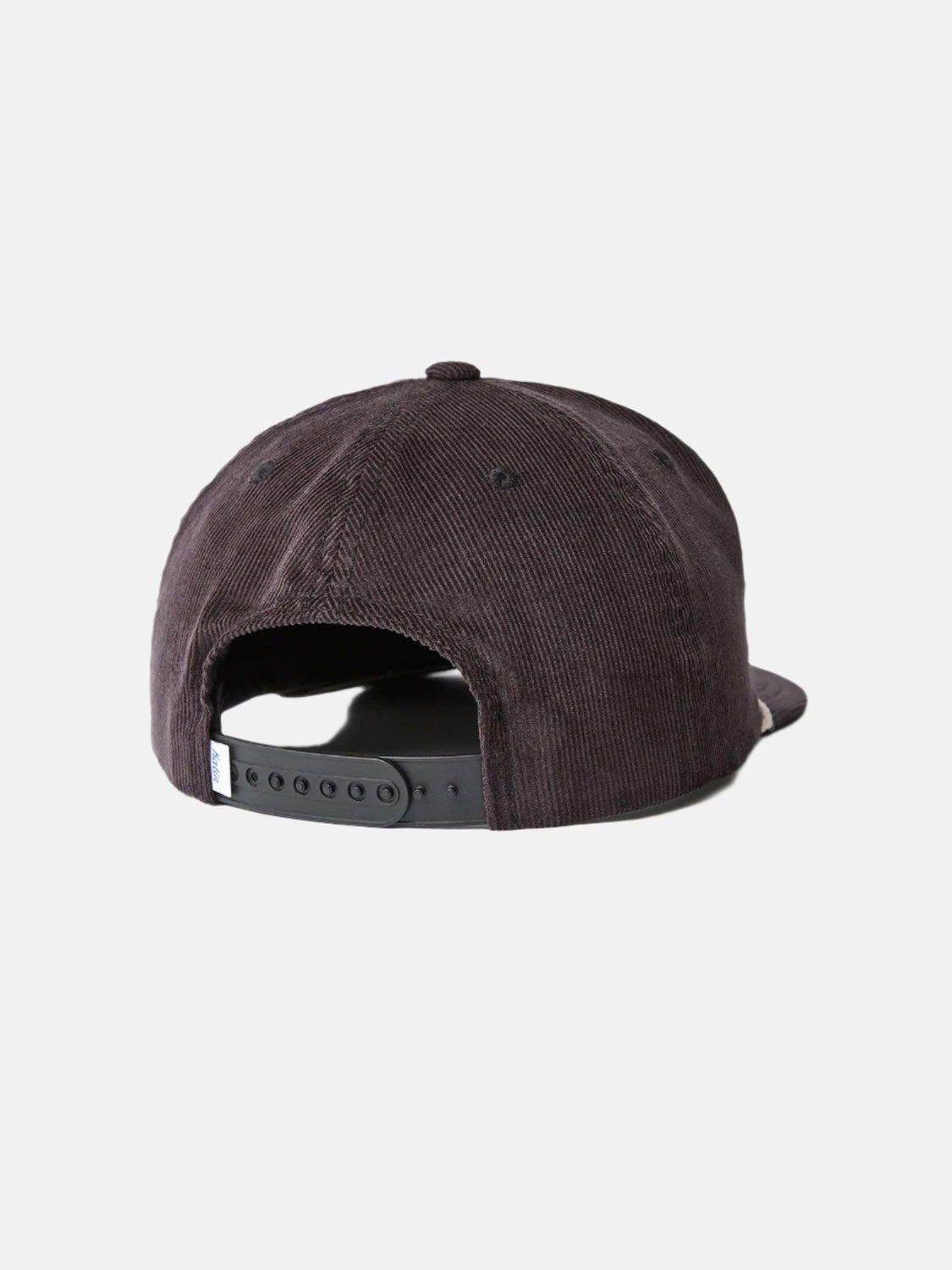 Back view of the Katin Bermuda Hat, a dark brown cotton corduroy 5-panel hat featuring an adjustable black plastic strap, presented on a white background as part of the Katin headwear collection.