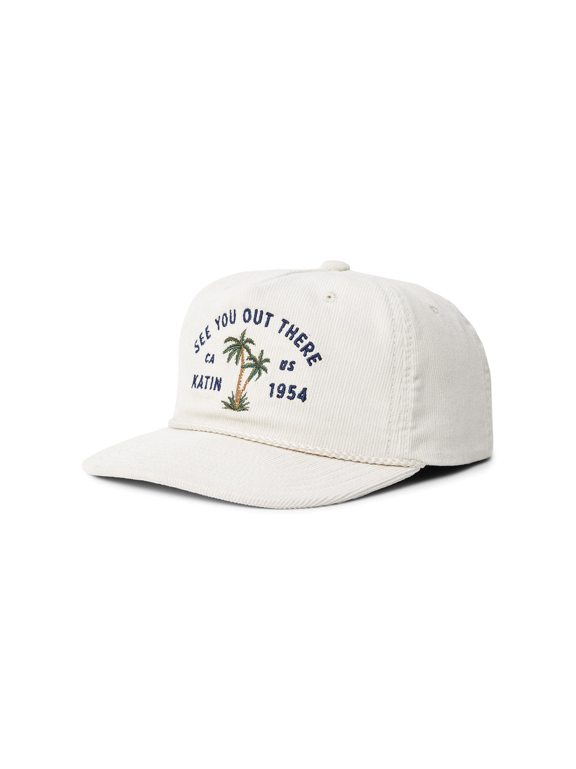 The Katin Bermuda Hat, a cream-colored cotton corduroy 5-panel, boasts an embroidered palm tree design with SEE YOU OUT THERE KATIN 1954 text, showcasing Katins classic style.