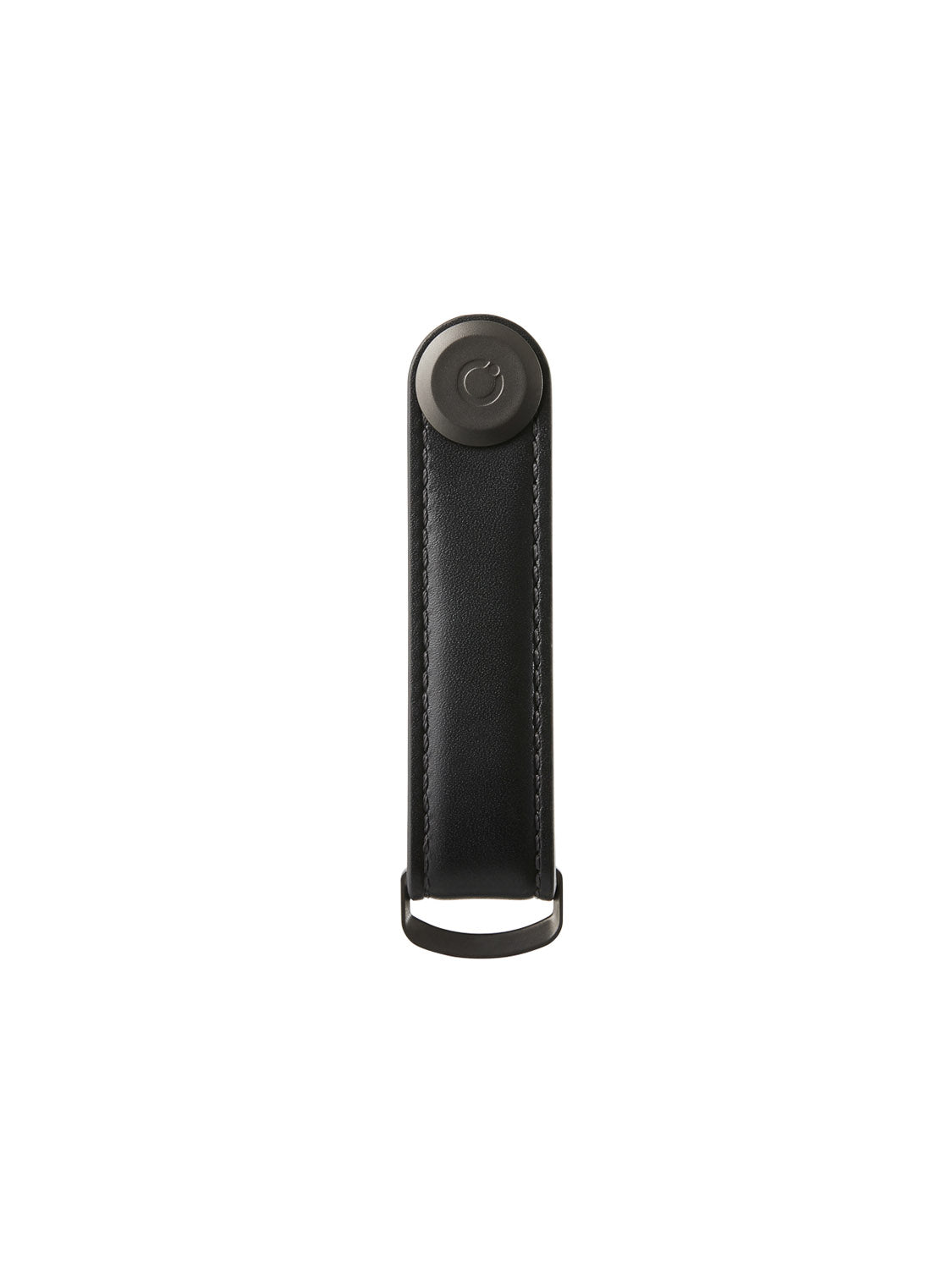 The Orbitkeys Key Organizer Leather features black leather with stitched edges, a round metal button at the top, and a metal loop at the bottom, creating a sleek keychain organizer shown on a white background.