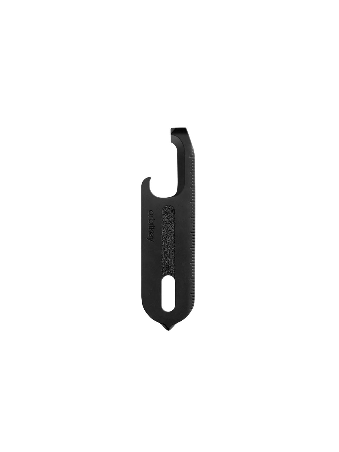 The Orbitkeys Multi Tool V2 A Handy Little Tool is a compact black stainless steel multi-tool with a hooked opener, flat edge, textured grip, and keyhole-shaped cutout in the center.