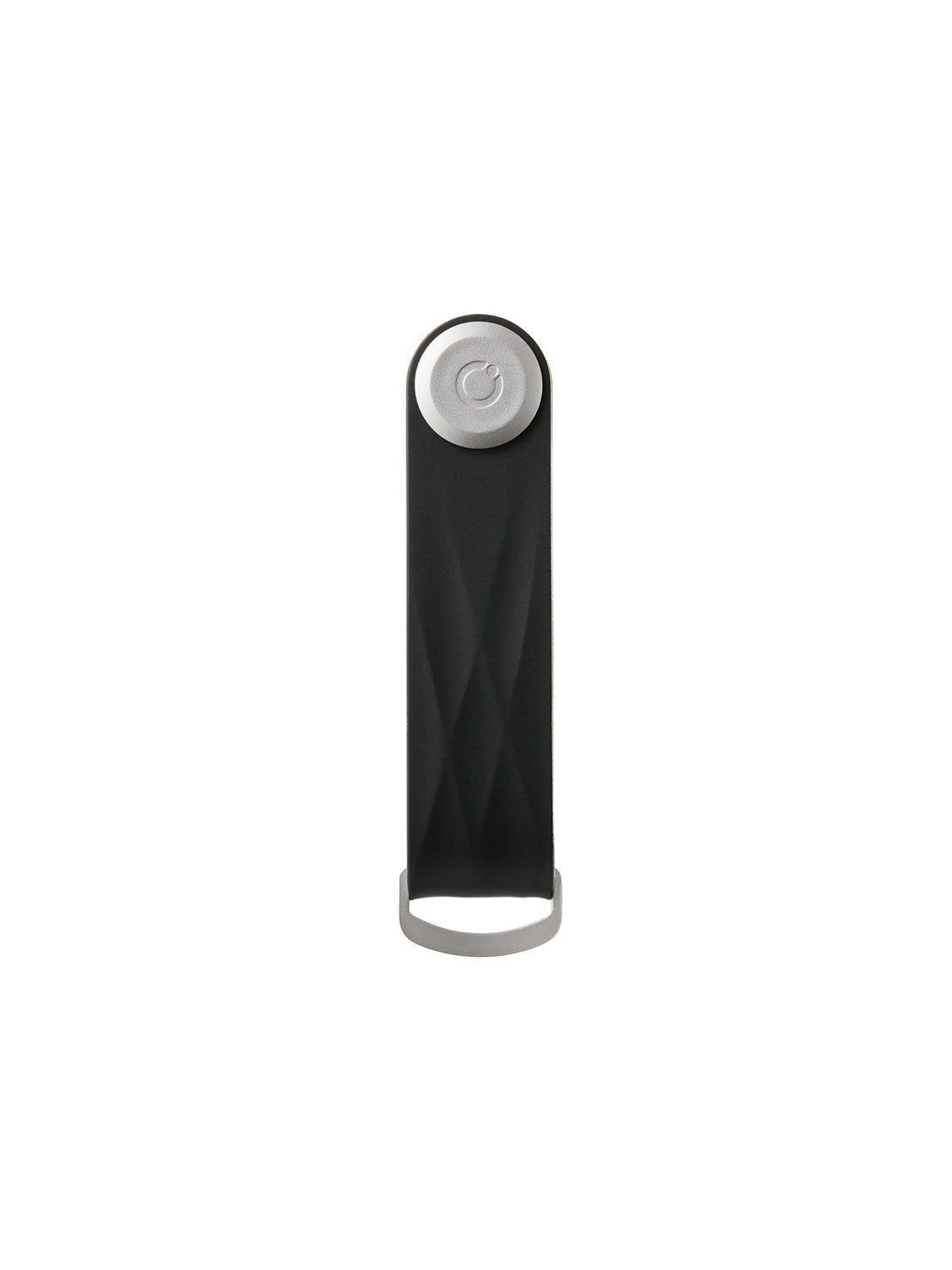 The Orbitkeys Key Organizer Rubber Active is a slim, black key holder with a textured surface, round silver button on top, and metal loop at the bottom, shown vertically against a white background.