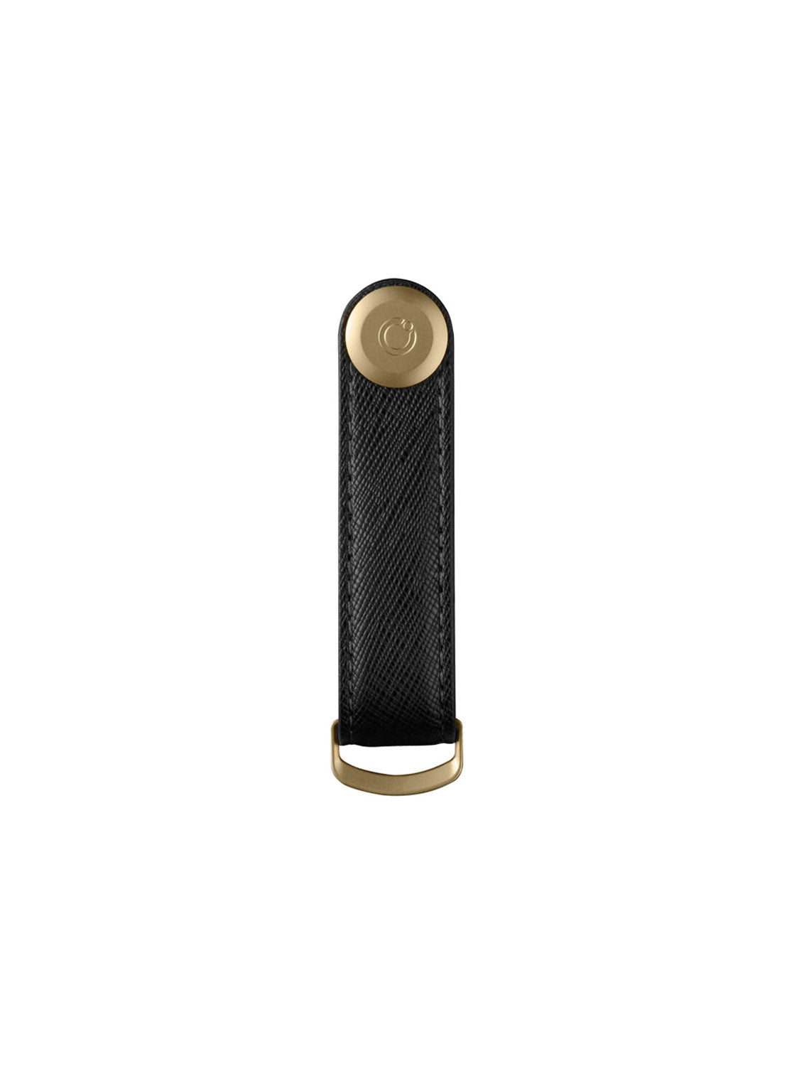 The Orbitkeys Key Organizer Saffiano Leather is a black, textured saffiano leather key holder strap with a gold button and metal loop, perfect as a stylish keychain, shown on a white background.