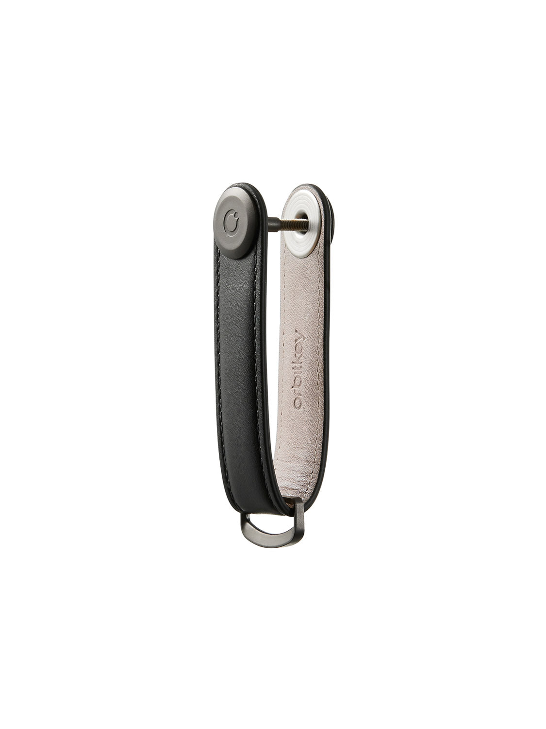 The Orbitkeys Key Organizer Leather features black and beige leather with metal hardware and a visible Orbitkeys logo on the inner beige strap, combining style and practicality in a compact keychain organizer.