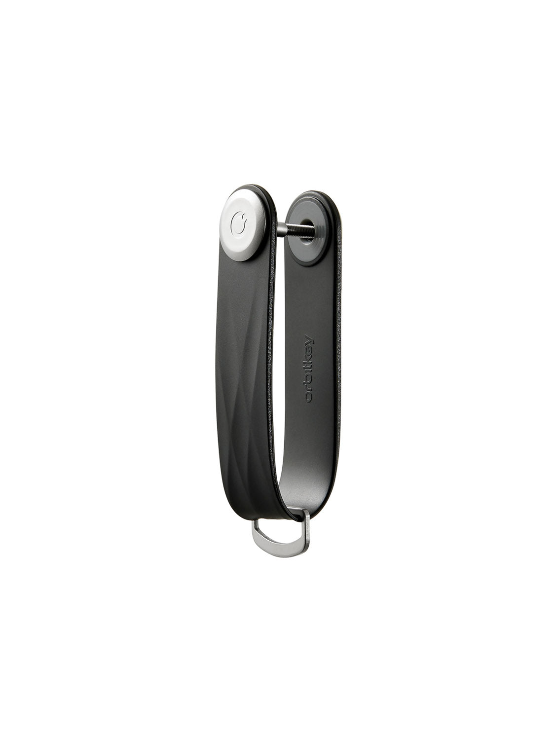 The Orbitkeys Key Organizer Rubber Active is a durable black key holder featuring a metal button and ring. This silent key stack organizer stands upright on a white background.