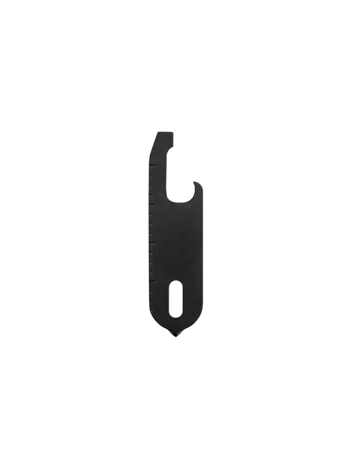 The Orbitkeys Multi Tool V2 is a compact black 9-in-1 stainless steel tool featuring a bottle opener, ruler markings on one edge, and a pointed tip, shown isolated on a white background.