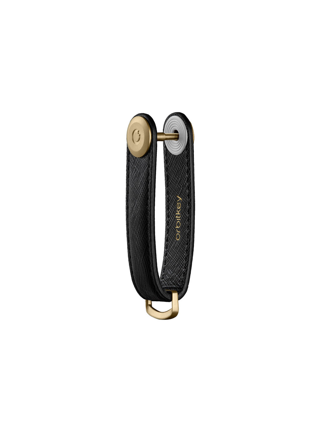 The Orbitkeys Key Organizer Saffiano Leather in black features gold hardware and “Orbitkey” embossed in gold on the side, shown upright on a white background.