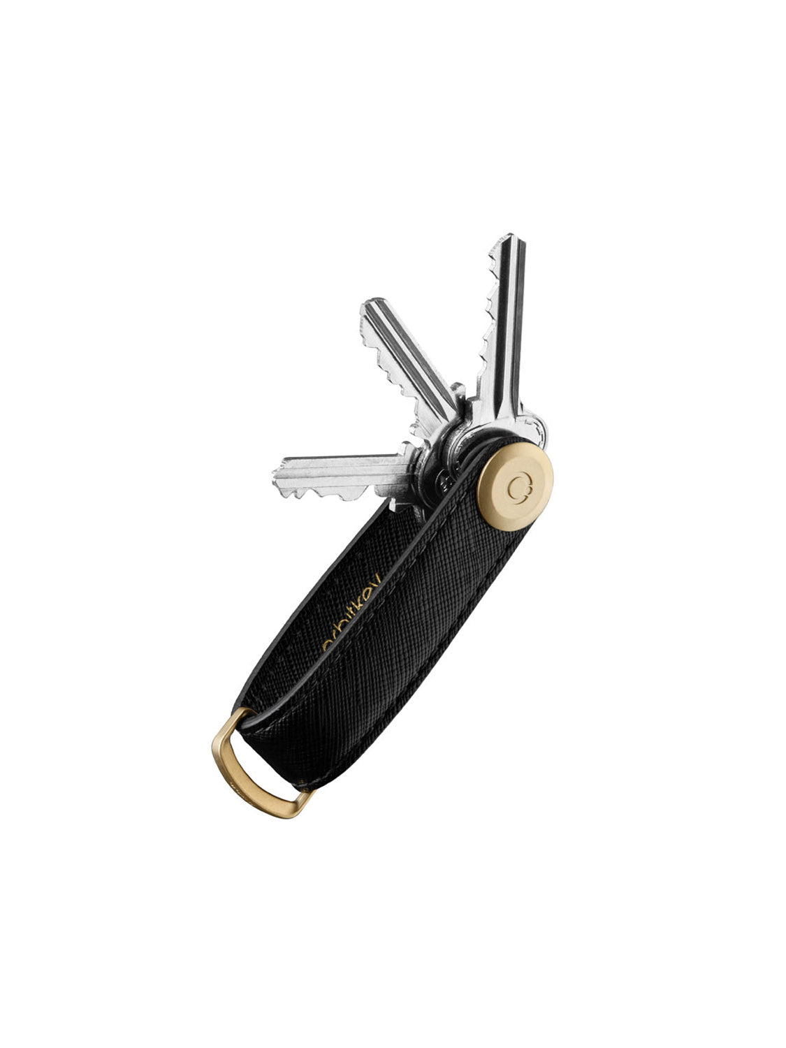 The Orbitkeys Key Organizer Saffiano Leather is a compact black and gold key organizer with a textured handle for grip, a gold ring for attachment, and holds multiple silver keys in style.