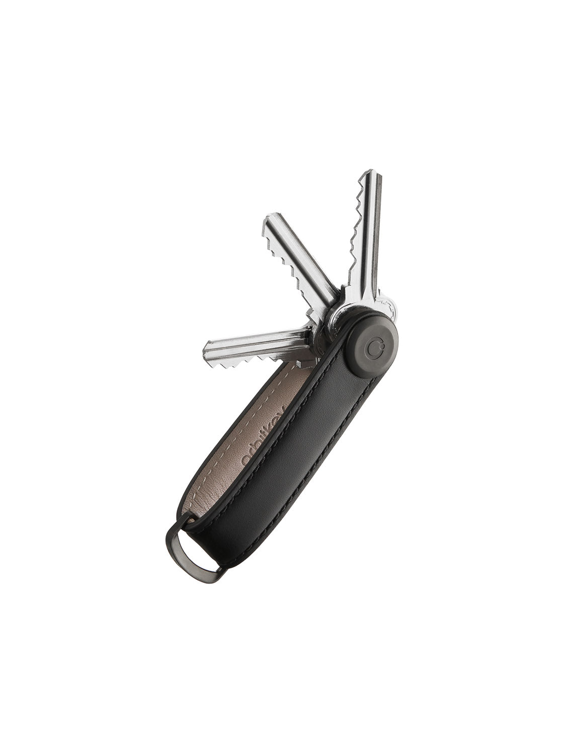 The Orbitkeys Key Organizer Leather in black with metal accents holds three silver keys fanned out neatly and features a loop for easy keychain attachment.