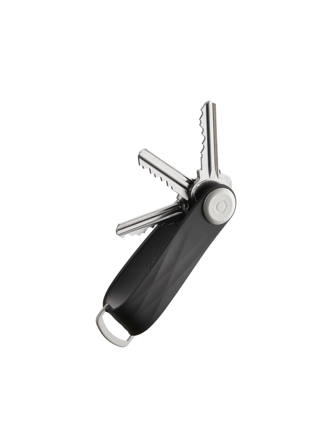 The Orbitkeys Key Organizer Rubber Active is a durable black key holder that securely stores multiple keys fanned out like a pocketknife, featuring a loop for easy keyring attachment.