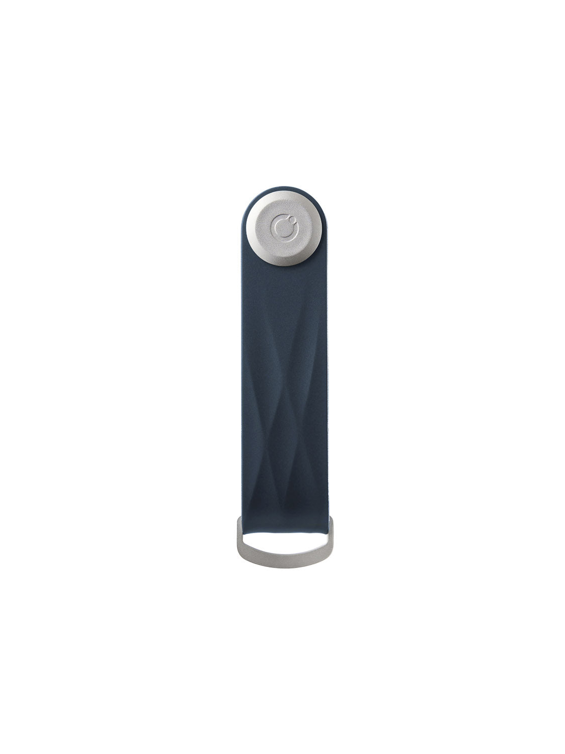 The Orbitkeys Key Organizer Rubber Active is a dark blue, textured key holder with a silver top button and curved silver end, shown standing upright against a white background.