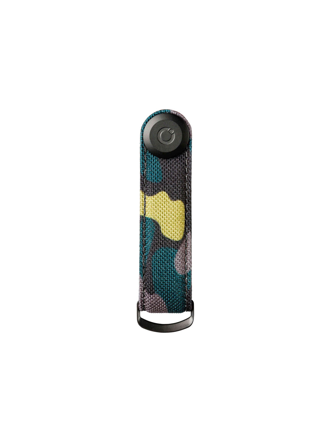 The Orbitkeys Star Wars Boba Fett Key Organizer features a green, yellow, and black camouflage design with a black button on top and a metal loop at the bottom, shown isolated on a white background.