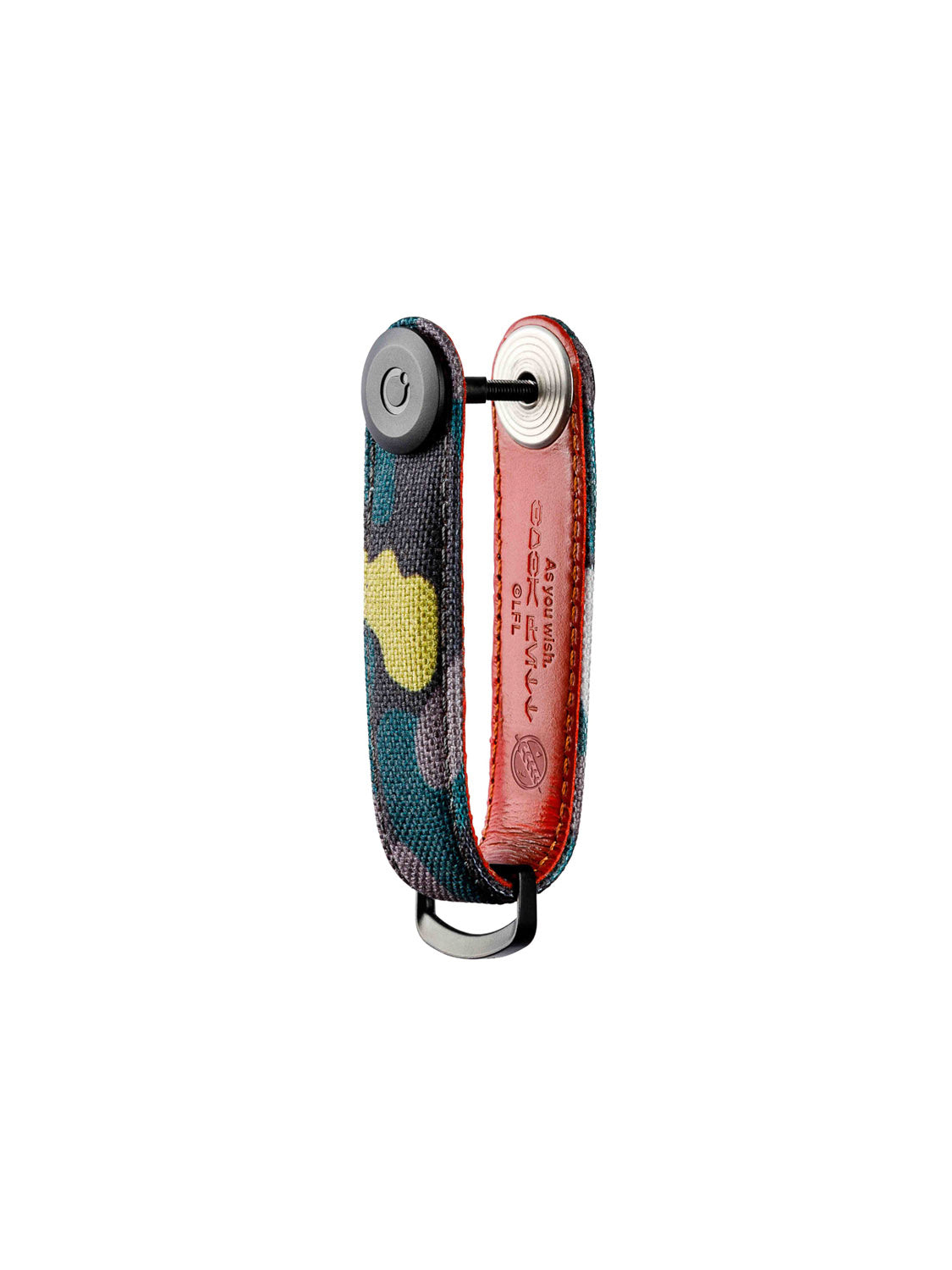 The Orbitkeys Star Wars Boba Fett Key Organizer combines fabric and leather, with a metal button and screw, a colorful camouflage front, and brown leather with engraved text on the back.