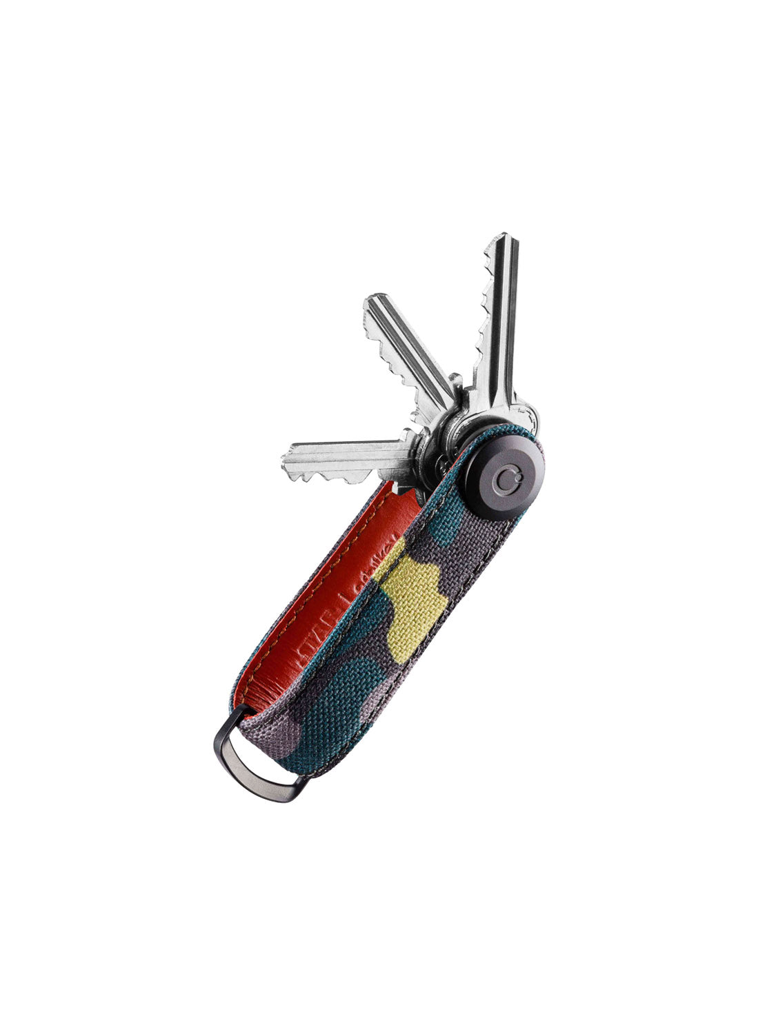 The Orbitkeys Star Wars Boba Fett Key Organizer holds three silver keys, has a blue, green, yellow, and red camo fabric strap inspired by Boba Fett, and features a black metal loop on one end.
