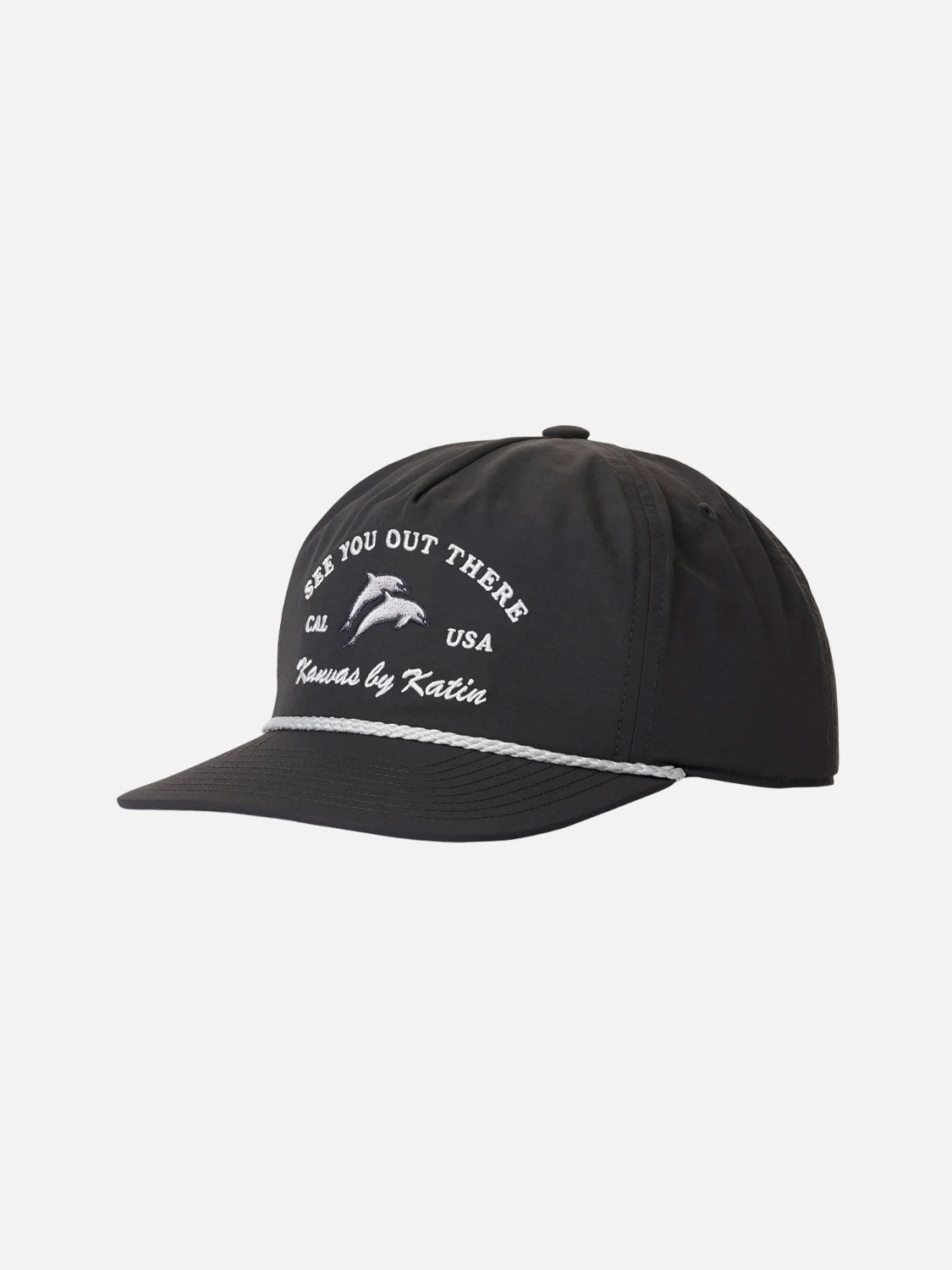 The Katin Breach Hat is a black recycled nylon snapback with a white rope, dolphin graphic, Katin embroidery, and "SEE YOU OUT THERE, CAL USA" plus "Kansas by Katin" on the front. Adjustable fit.