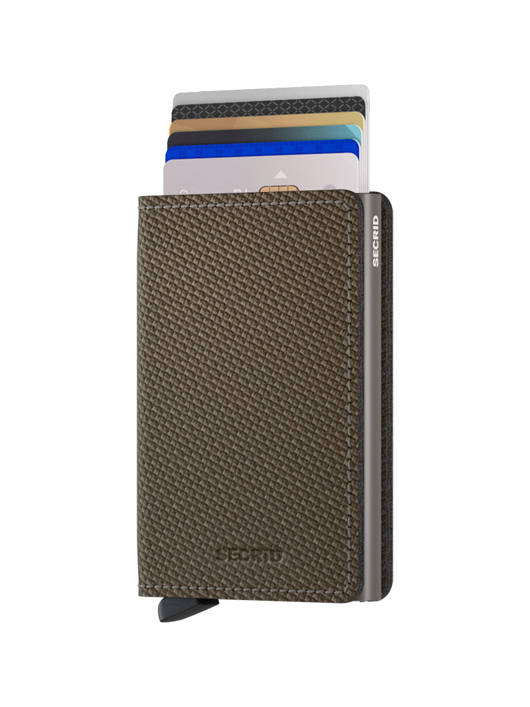 A Secrid Slimwallet Carbon Fibre Pattern Leather with RFID protection, shown partially open with several payment cards visible, set against a white background.