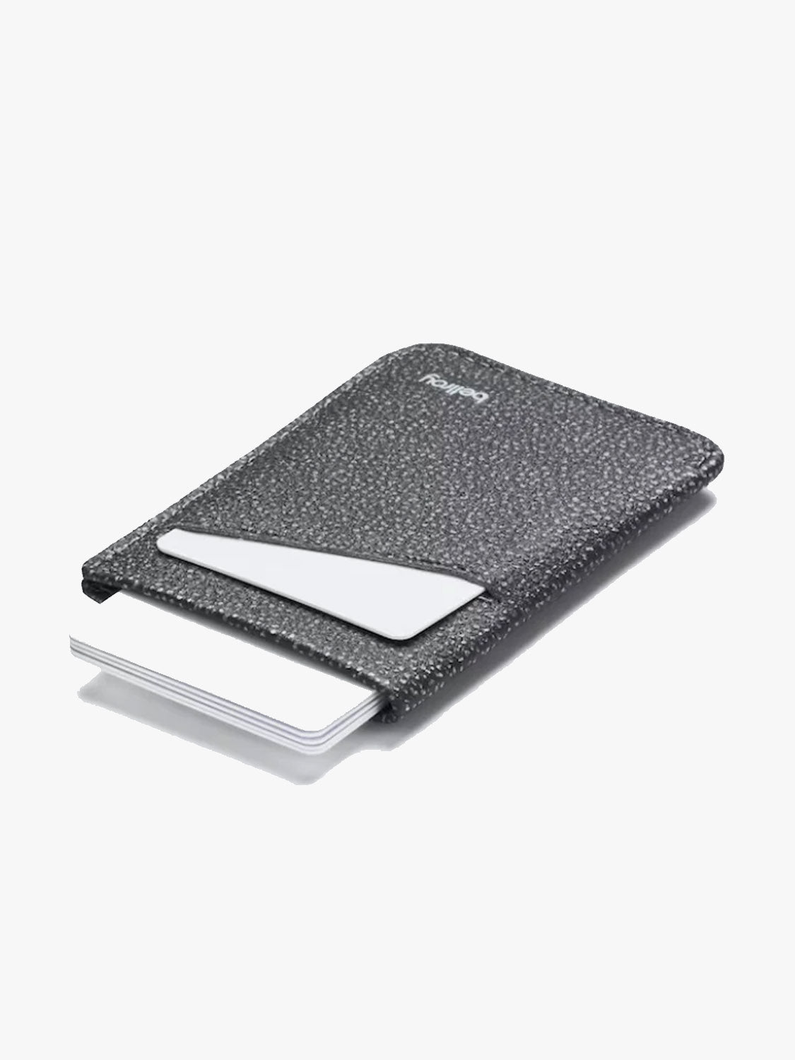 The Bellroy Card Sleeve Wallet, a slim black leather holder with textured finish and a small white logo, is shown against a plain white background holding several white cards.