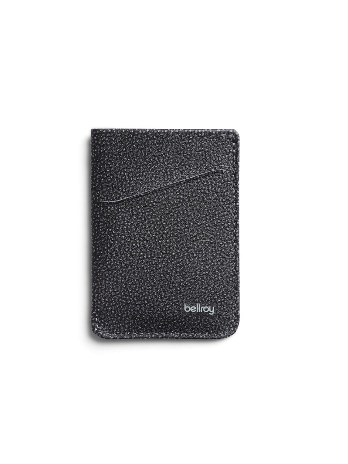 The Bellroy Card Sleeve Wallet is a black textured minimalist leather card holder with a single diagonal front card slot, featuring the Bellroy logo in white at the bottom right corner.