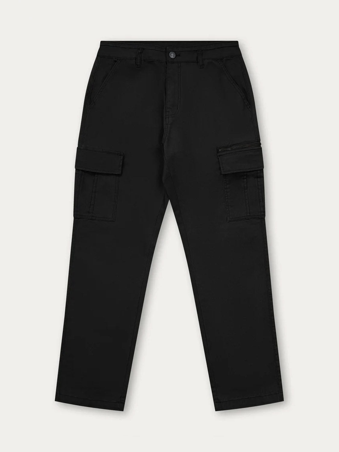 The Kuwalla Loose Cargo Trouser, made from comfortable cotton spandex, features side flap pockets, a front zipper, and button closure, and is shown laid flat on a plain light background.