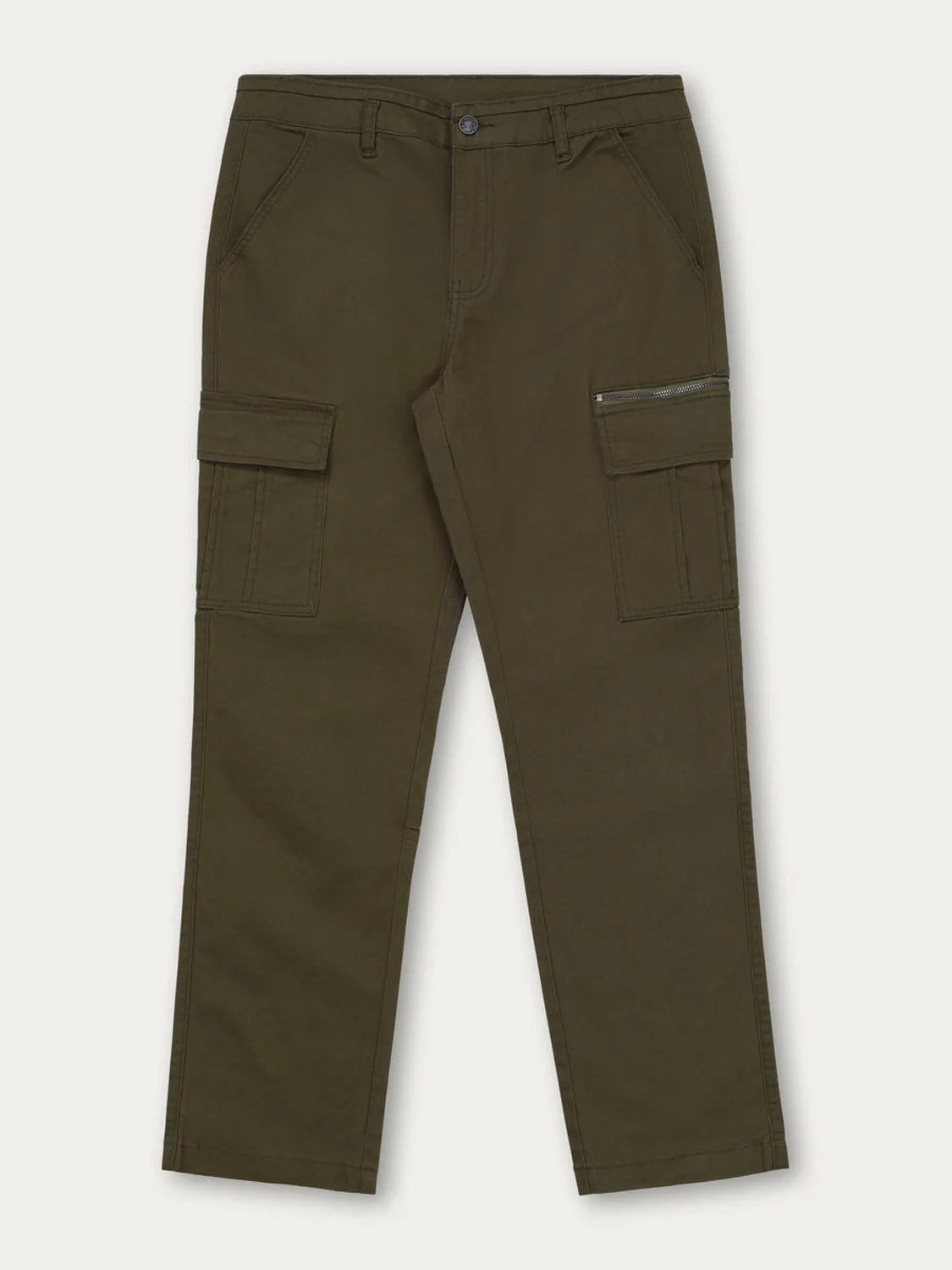 The Kuwalla Loose Cargo Trouser in olive green cotton features multiple pockets—two large flap thigh pockets, angled front pockets, and handy side pockets—shown flat on a white background.