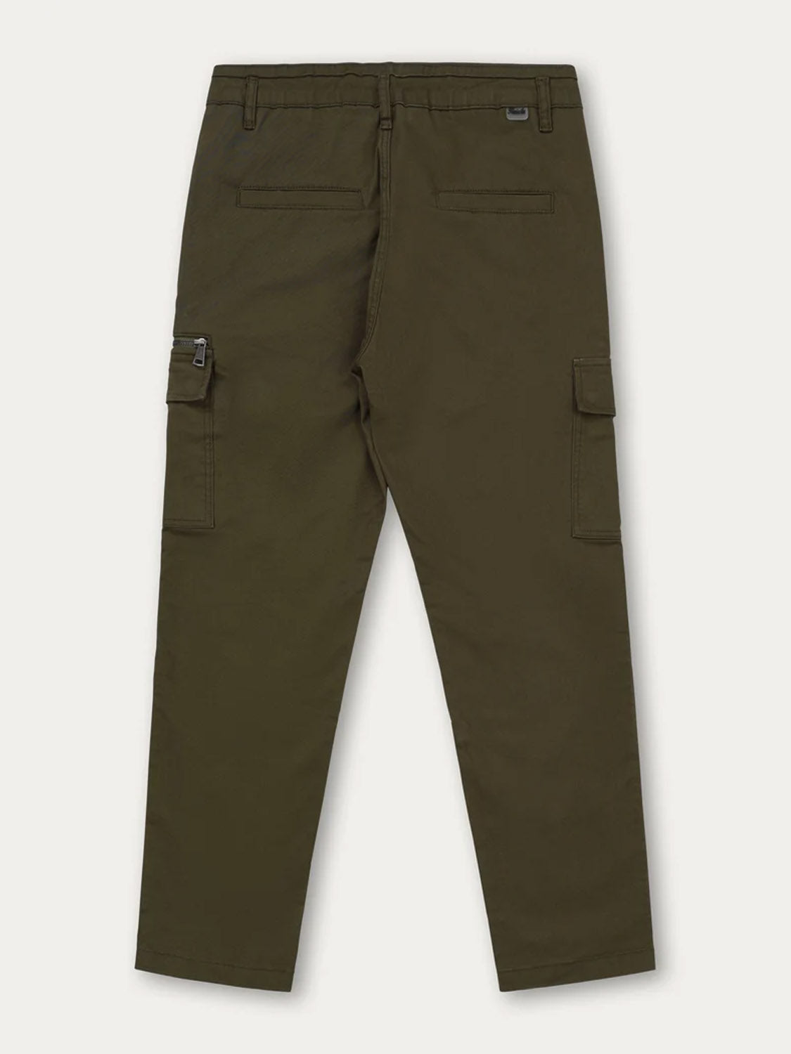 Back view of Kuwalla Loose Cargo Trouser in olive green cotton, featuring two back pockets and two side flap pockets, displayed against a white background.