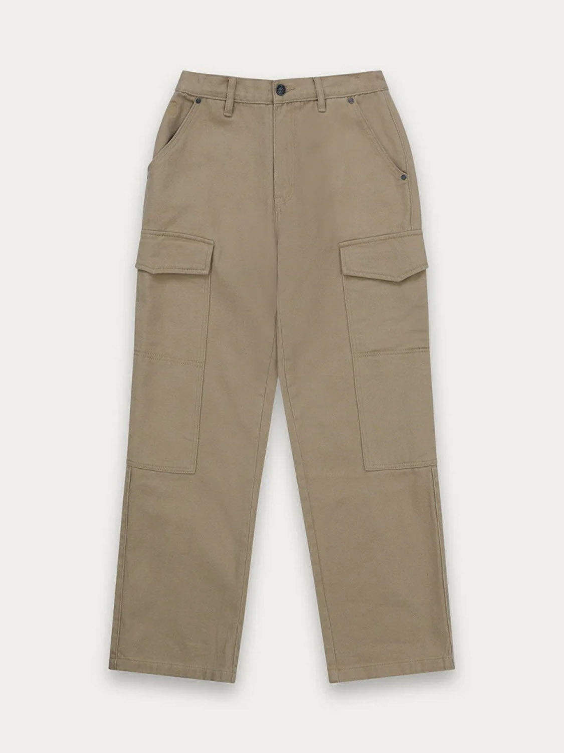 The Kuwalla Cargo Trouser is a relaxed fit khaki pant with front and side pockets, belt loops, and a button closure—classic cargo style ideal for everyday wear.
