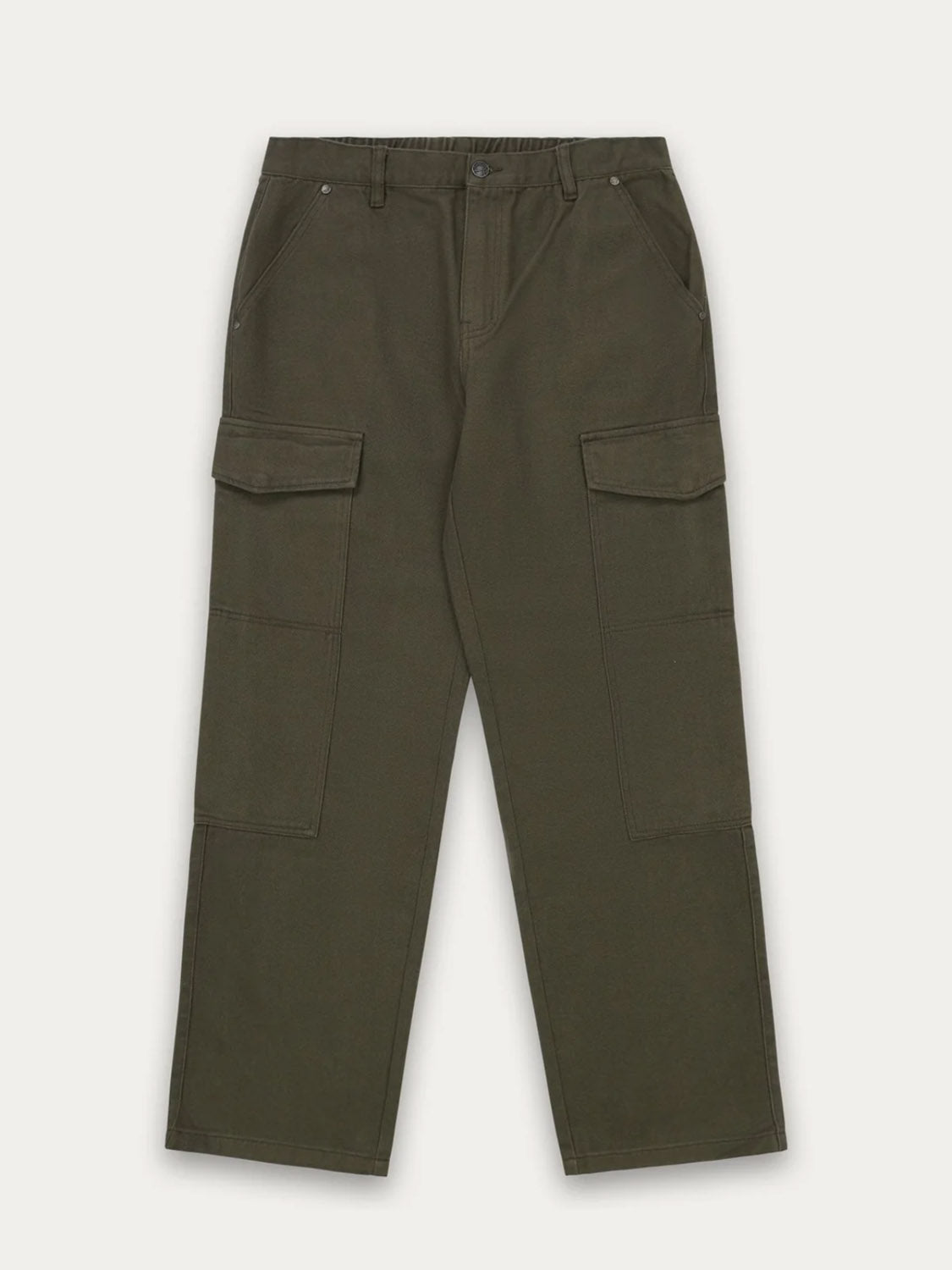 The Kuwalla Cargo Trouser in olive green features cotton fabric, side pockets, front button and zipper closure, and a relaxed straight-leg fit, displayed on a plain white background.