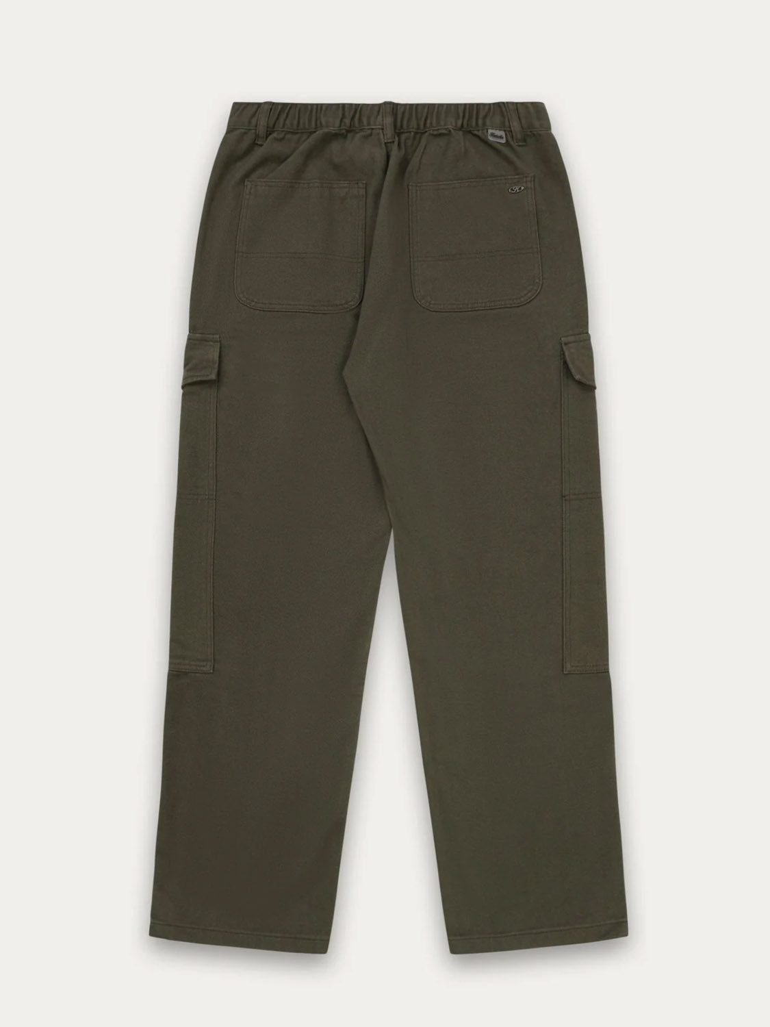 The Kuwalla Cargo Trouser in olive green cotton features an elastic waistband, two back pockets, and side cargo pockets. Shown from the back, the classic style is laid flat against a white background.