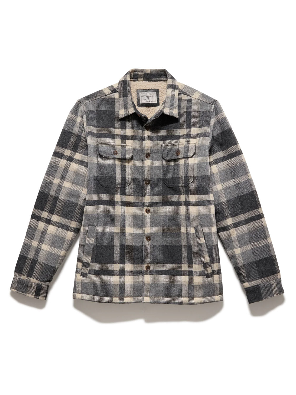 The Flag and Anthem Cassidy Sherpa Lined Shirt Jacket features gray and beige plaid, button closures, flap chest pockets, side pockets, and cozy lining—ideal as a men’s winter jacket.