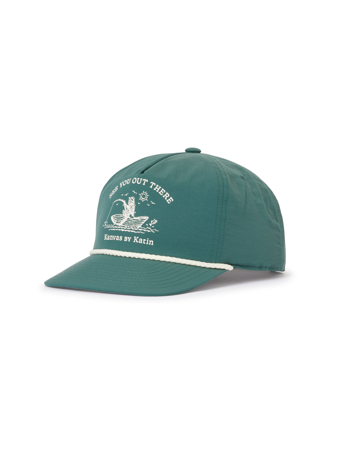 The Katin Cast Off Hat by Katin is a teal 5-panel cap made from recycled nylon, featuring a white rope detail, horse graphic, SEE YOU OUT THERE Kanvas by Katin on the front, and an adjustable snapback closure. Displayed on white background.